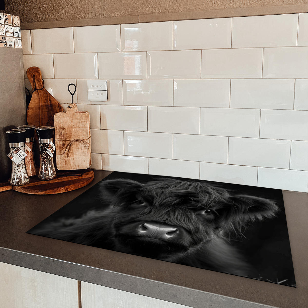 HERDABDECKPLATTE Scottish Highlander - Schwarz - Kalb - Kuh Herdabdeckung Induktionsfeld 70x52 cm - Schwarz, Kunststoff (70/52/0.2cm) - MuchoWow