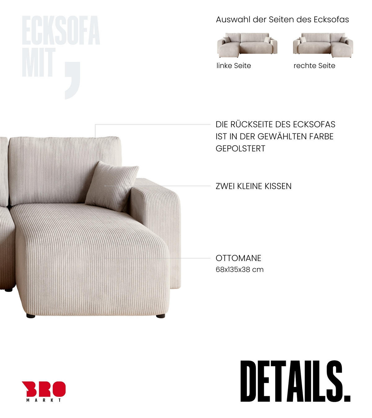 ECKSOFA PUMI mit Schlaffunktion Vanille Cord - Creme, Textil (244/148cm) - Bromarkt