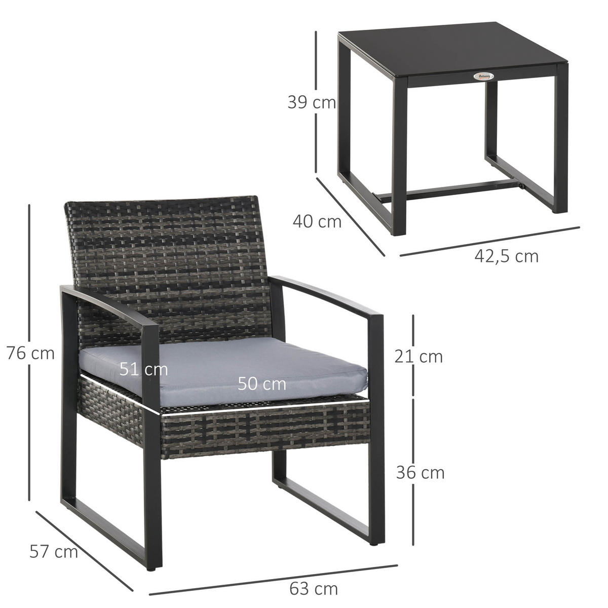 RATTAN Gartenmöbel Set mit Kissen Garten Grau - Grau, Kunststoff - Outsunny