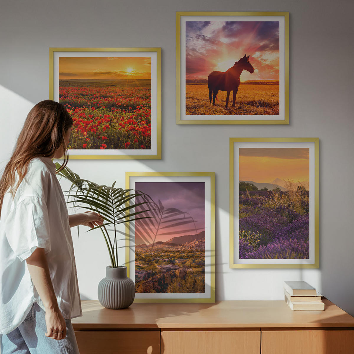 BILDER SET 4er Set - 50x50 cm & 40x60 cm Goldrahmen - Berglandschaft Rosslavendel - Goldfarben, Kunststoff (50/50cm) - TULUP