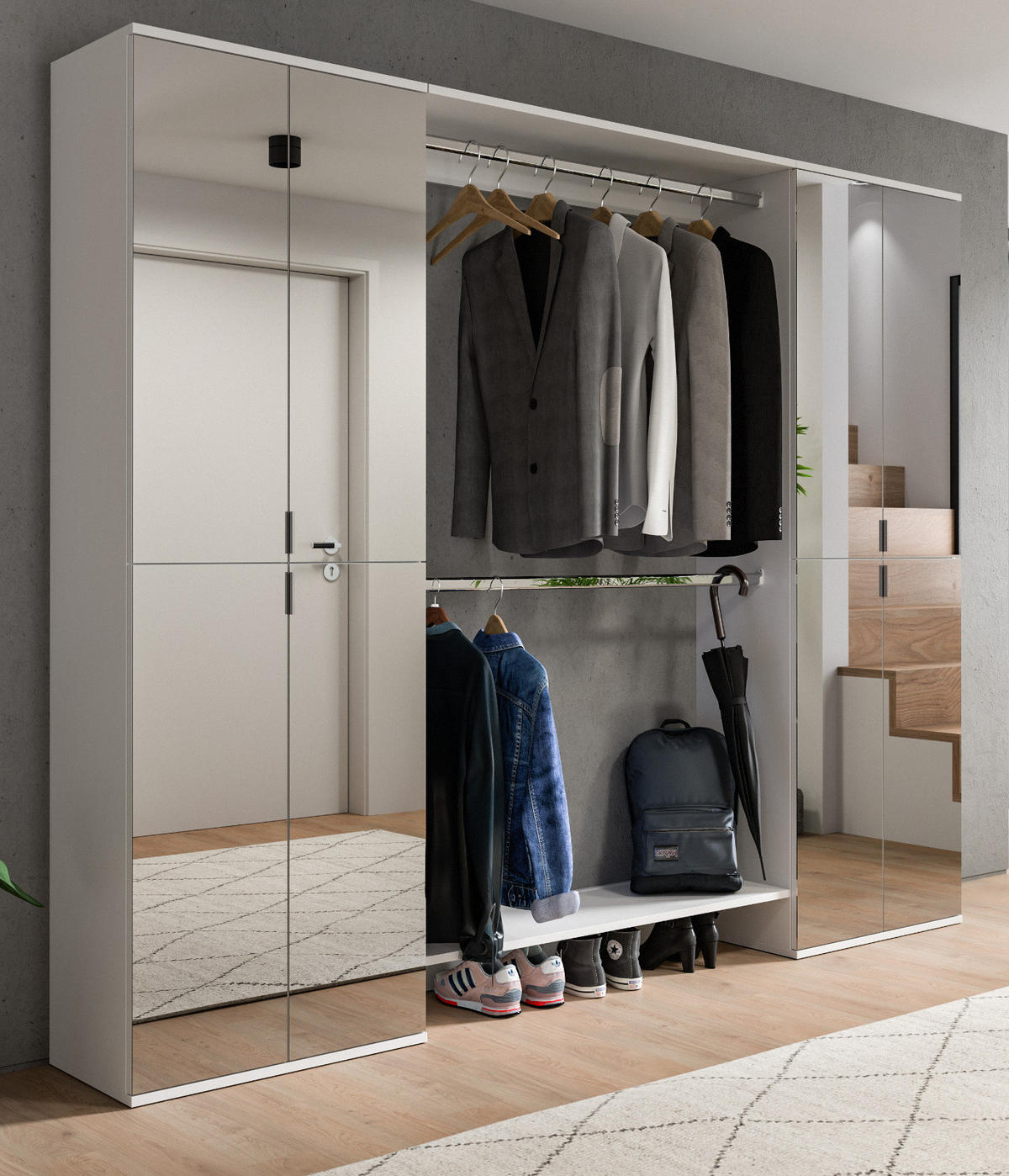 GARDEROBENSCHRANK weiß 232 cm, Flurgarderobe XXL mit Spiegeltüren - Chromfarben/Weiß, Holzwerkstoff/Kunststoff (232/193/34cm) - Inn.Furn