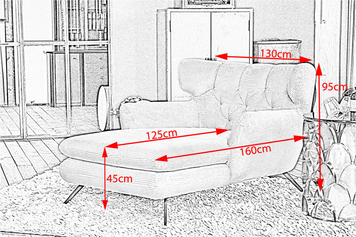LONGSEAT CHAMRE Hellgrau - Hellgrau/Schwarz, Textil/Metall (130/95/160cm) - KAWOLA