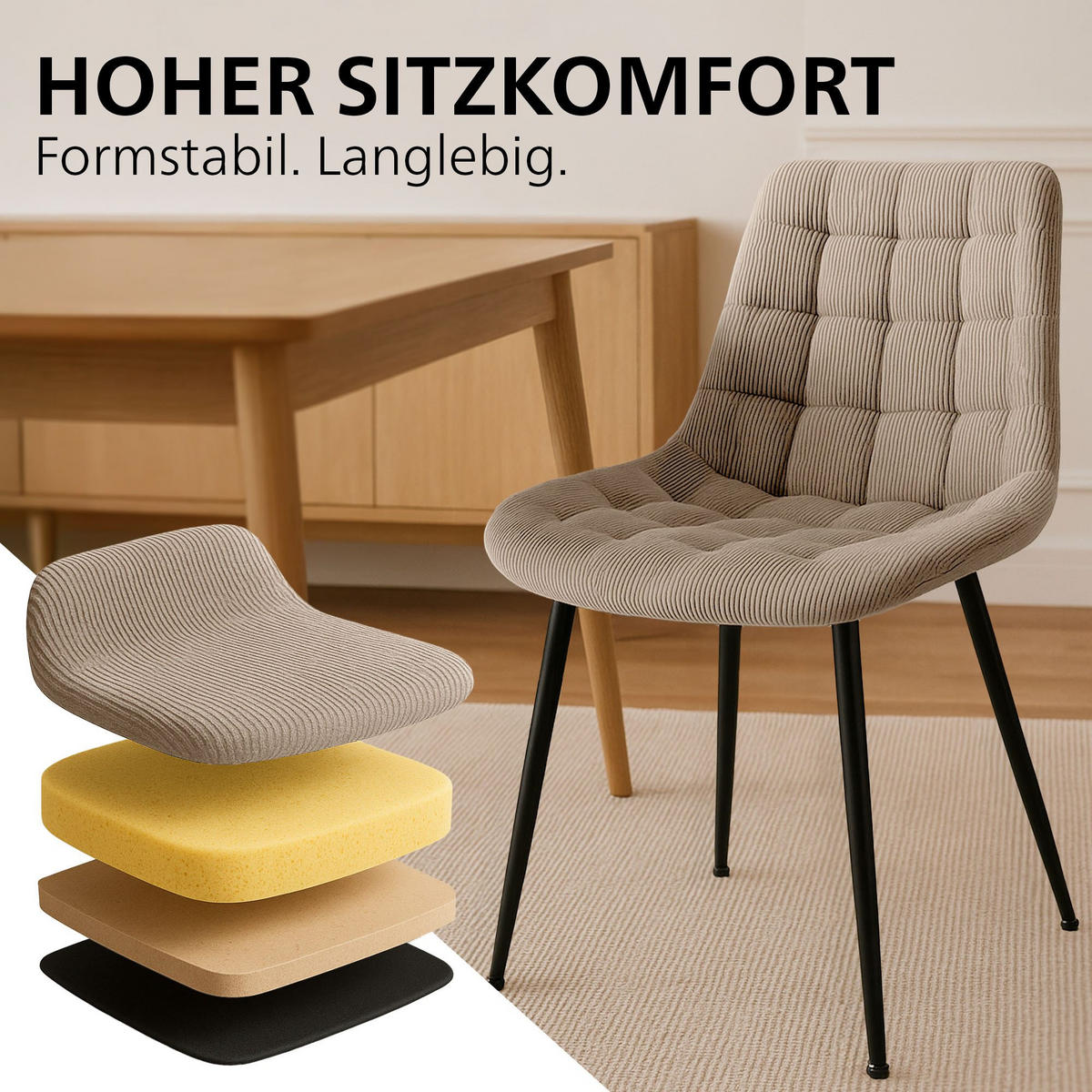 ESSZIMMERSTUHL Cord Taupe - Taupe/Schwarz, Textil/Metall (52/83/58cm) - CLP