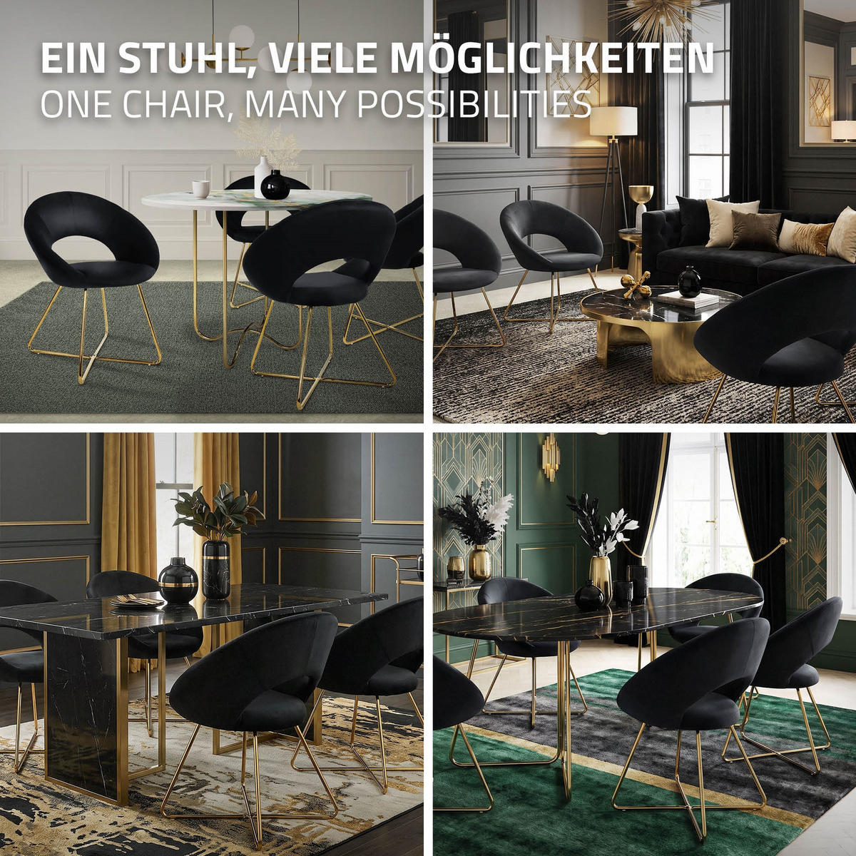 JÍDELNÍ ŽIDLE, sada 4 ks, černý samet - černá/zlatá, kov (53/77/64cm) - ML-DESIGN
