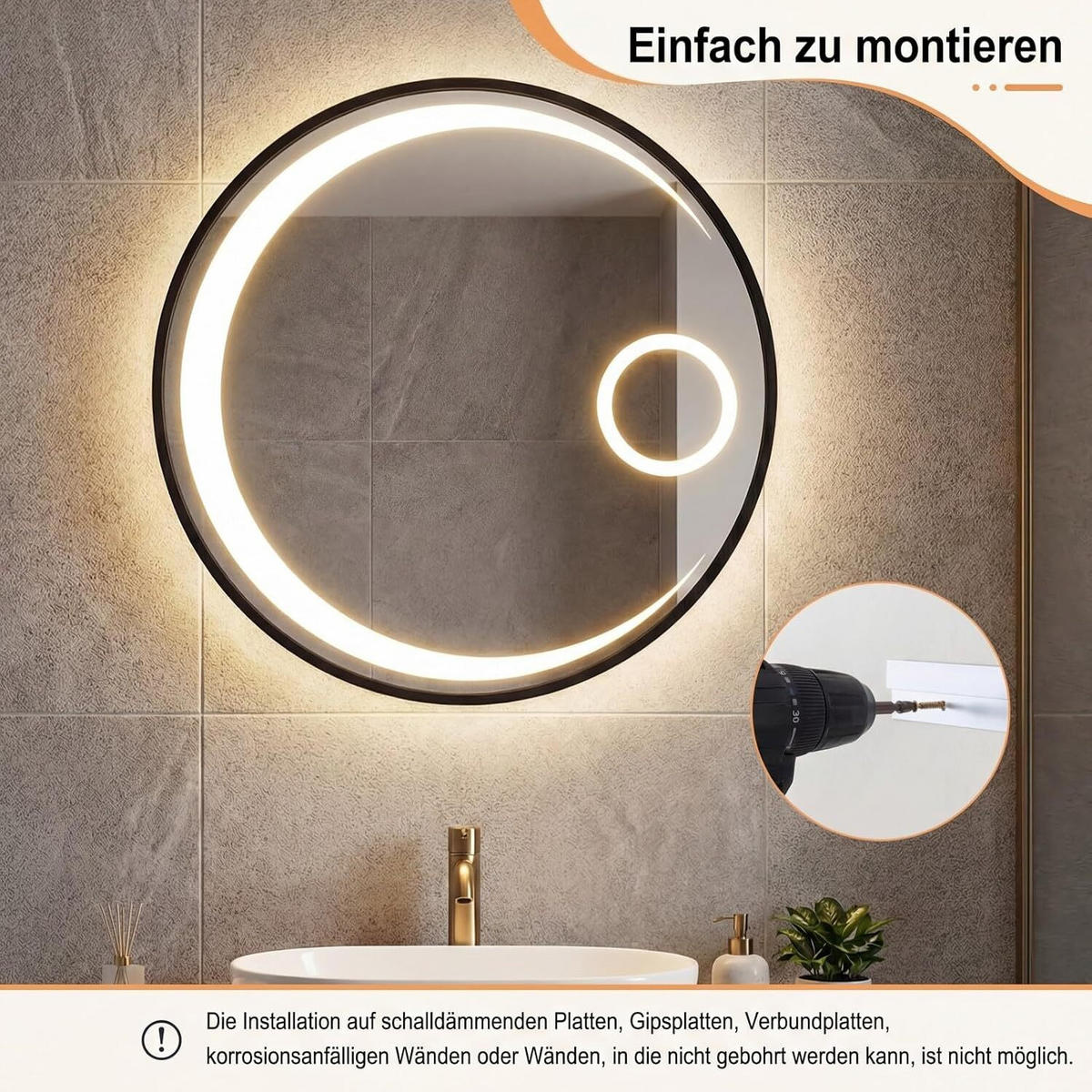 BADSPIEGEL rund schwarz - Schwarz, Glas (61/61/3.5cm) - COSTWAY