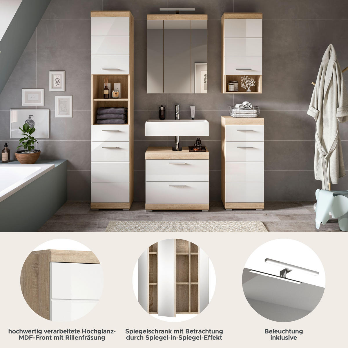 BADKOMBINATION 5tlg. Lambada Bad in Sonoma Eiche hell und weiß hochglanz B/H/T: 164x191x34 cm - Sonoma Eiche, Holz (164/191/37cm)