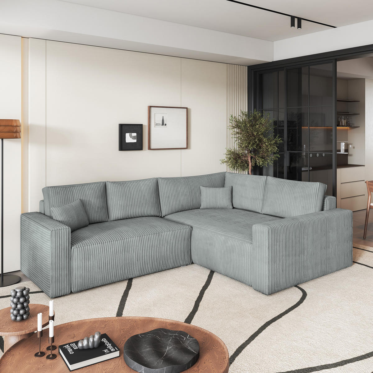 ROHOVÁ SEDAČKA ERONIS světle šedá - šedá/světle šedá, dřevo/textil (265/194cm) - MASSENO