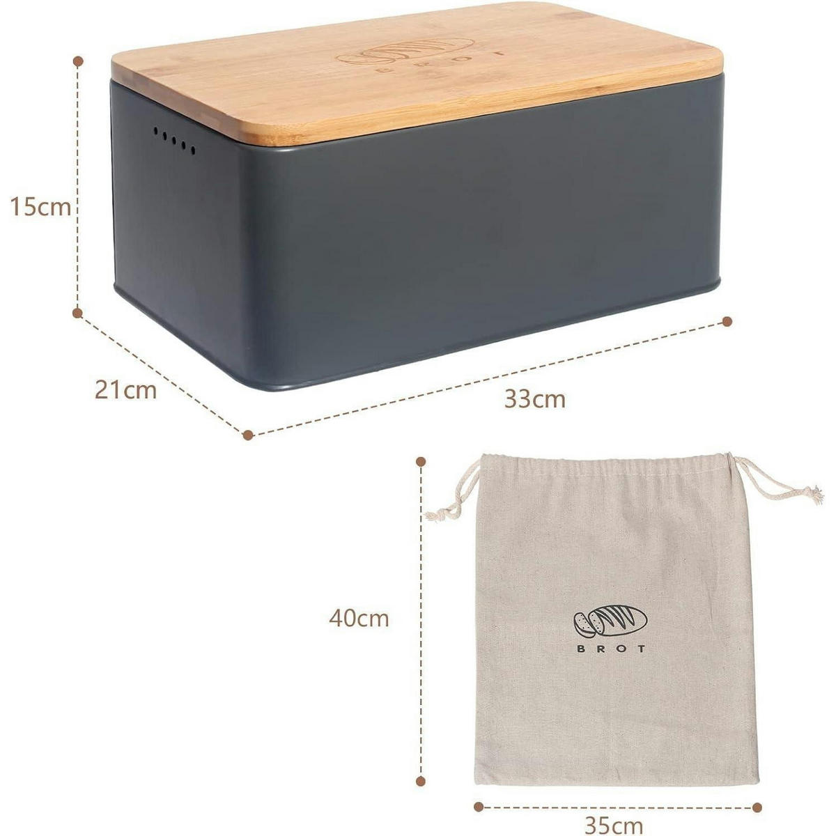 BROTKASTEN mit Schneidebrett 33 cm Grau - Multicolor, Naturmaterialien (21/15/33cm)