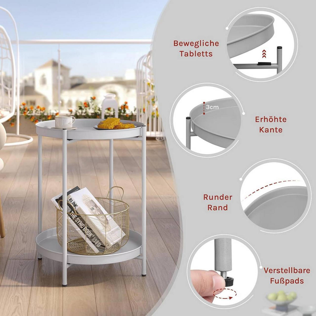 COUCHTISCH rund, mit Stauraum, Metall, Hellgrau - Hellgrau, Metall (44/44/53cm) - Woltu