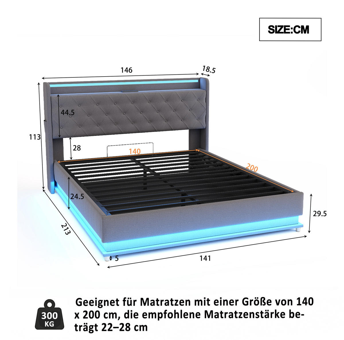 ČALÚNENÁ posteľ 140/200 cm s LED osvetlením, USB portom a hydraulickým úložným priestorom, Sivá - sivá, textil (140/200cm) - Redom