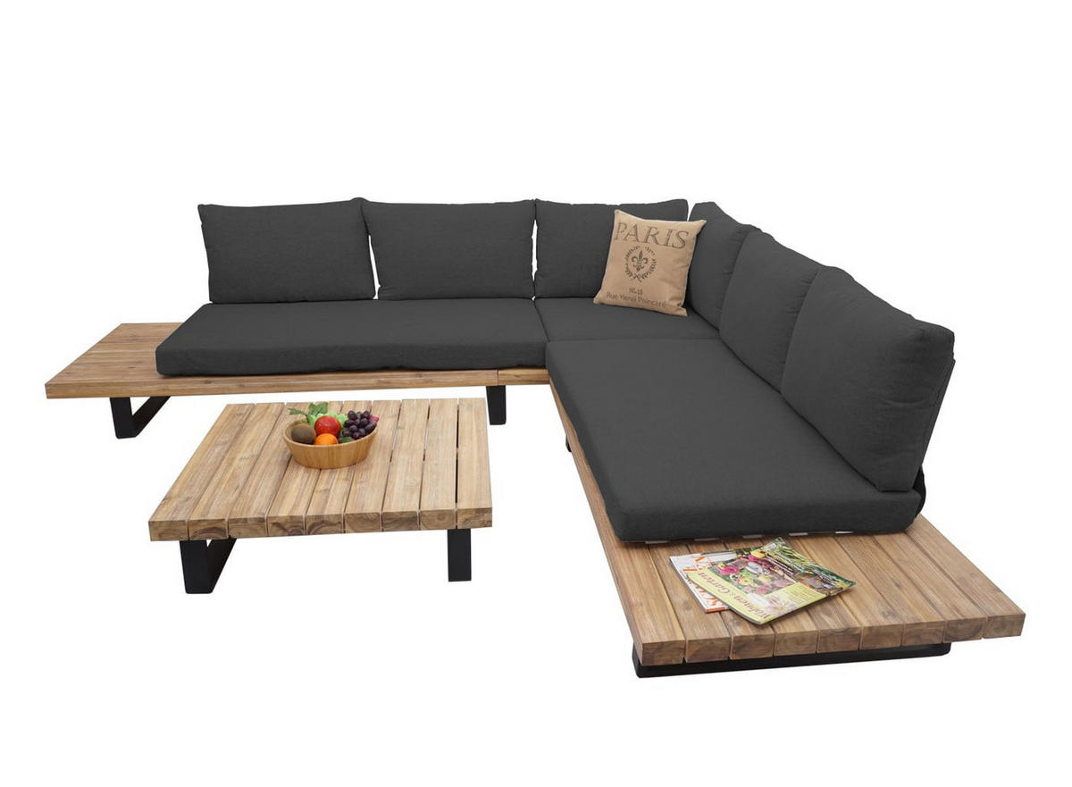 GARTEN-GARNITUR Hellbraun Polster Dunkelgrau - Braun, Holz - PROREGAL