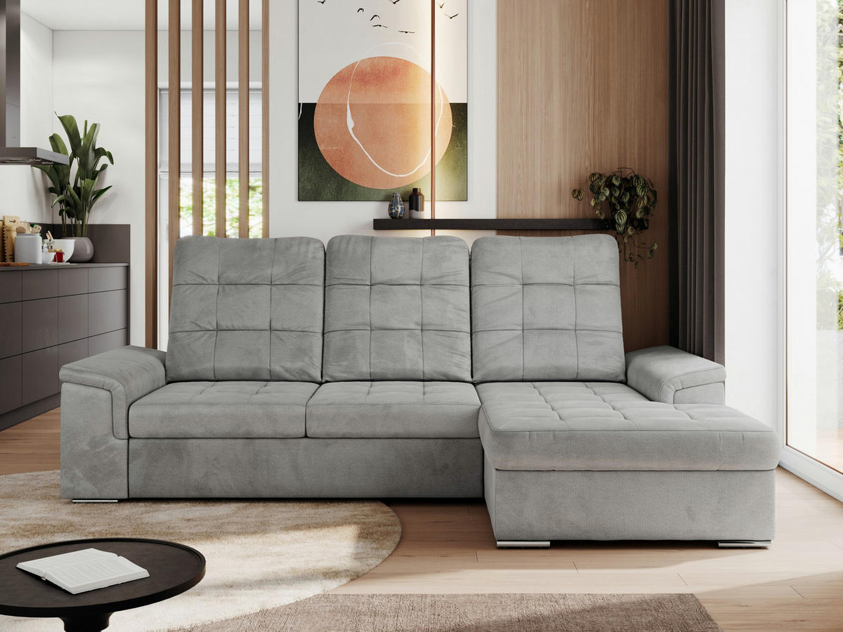 ECKSOFA MADRITO L - Hellgrau Velorus - Rechts - Silberfarben/Hellgrau, Textil/Metall (256/160cm)