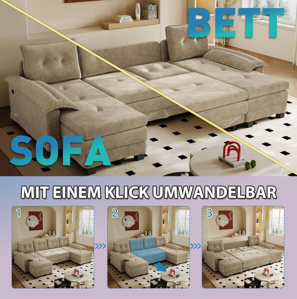 SCHLAFSOFA aus Chenille 278x127x87 cm Khaki mit USB-Anschluss, abnehmbaren Armlehnen und ausziehbarer Schlaffunktion - Beige, Textil (278/87/127cm) - Modfu