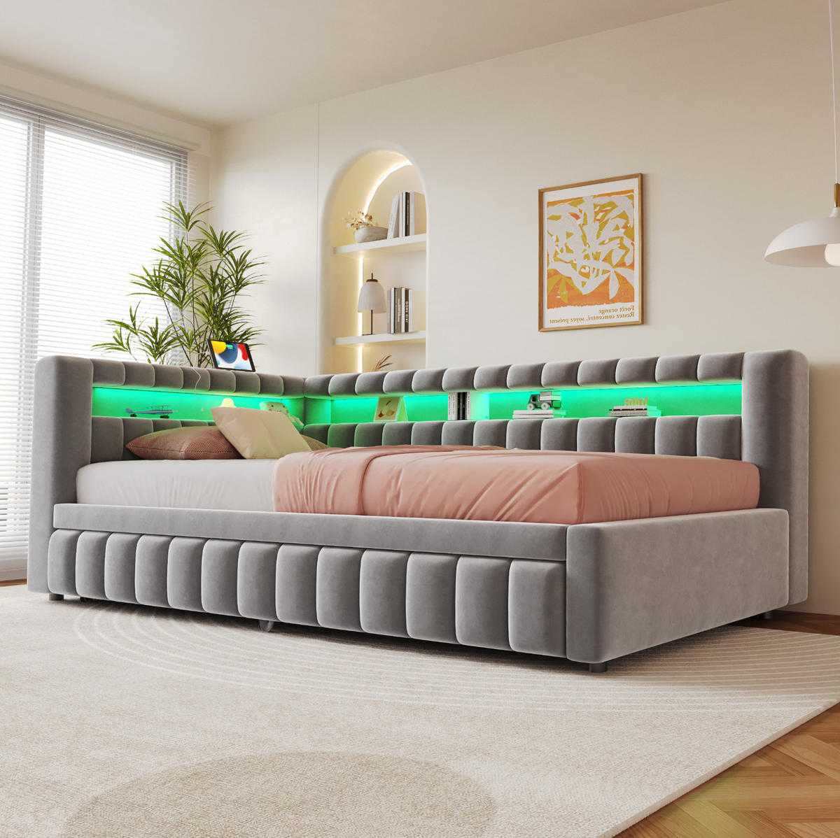 ČALOUNĚNÁ rozkládací postel 90/200 cm s LED osvětlením, USB a úložnými policemi, Světle šedá - světle šedá, textil (90/200cm) - Redom