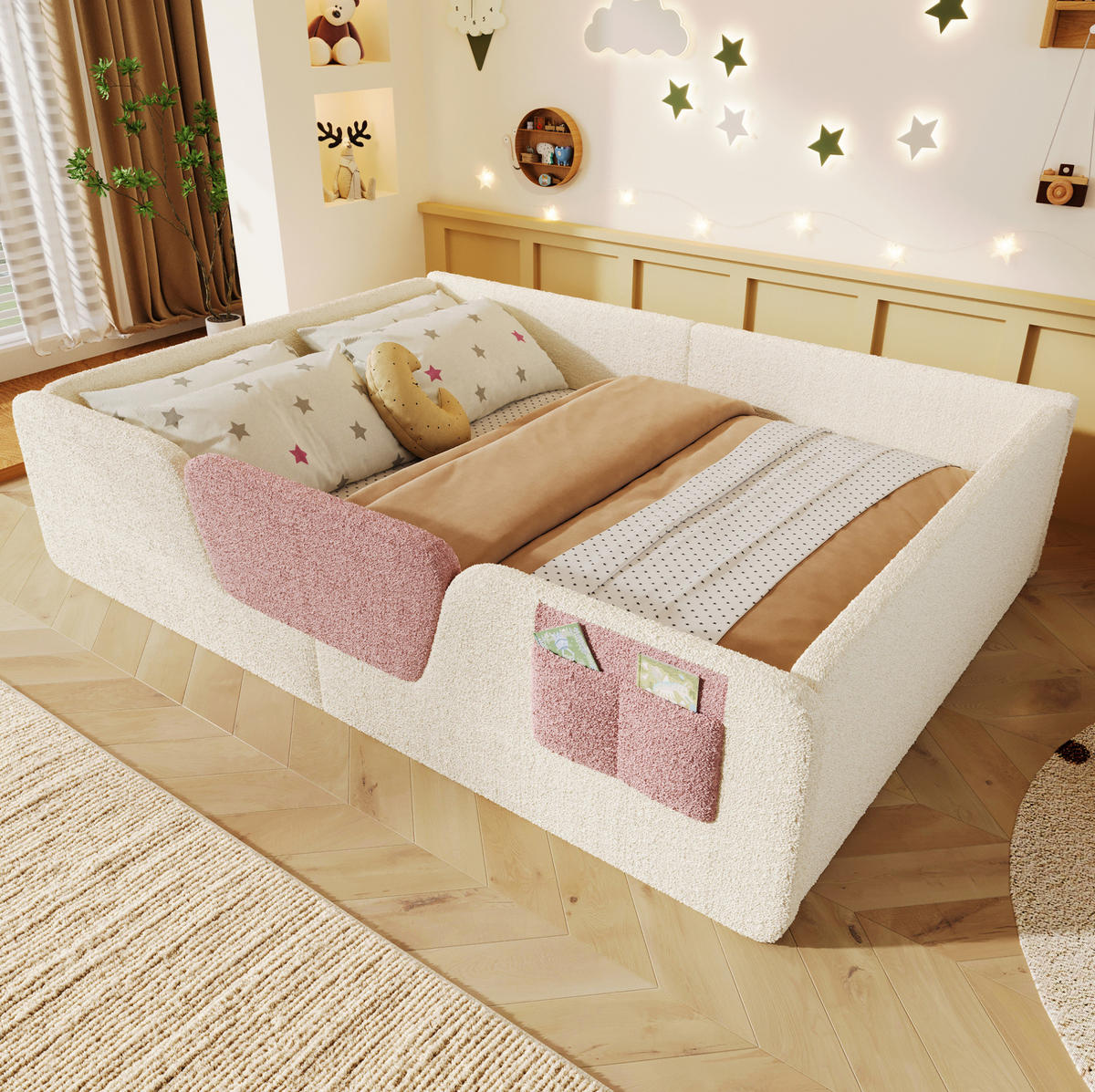KINDERBETT 140/190 cm mit abnehmbaren Seitengittern, Stofftasche und Samtbezug, Beige - Beige, Textil (140/190cm) - Redom