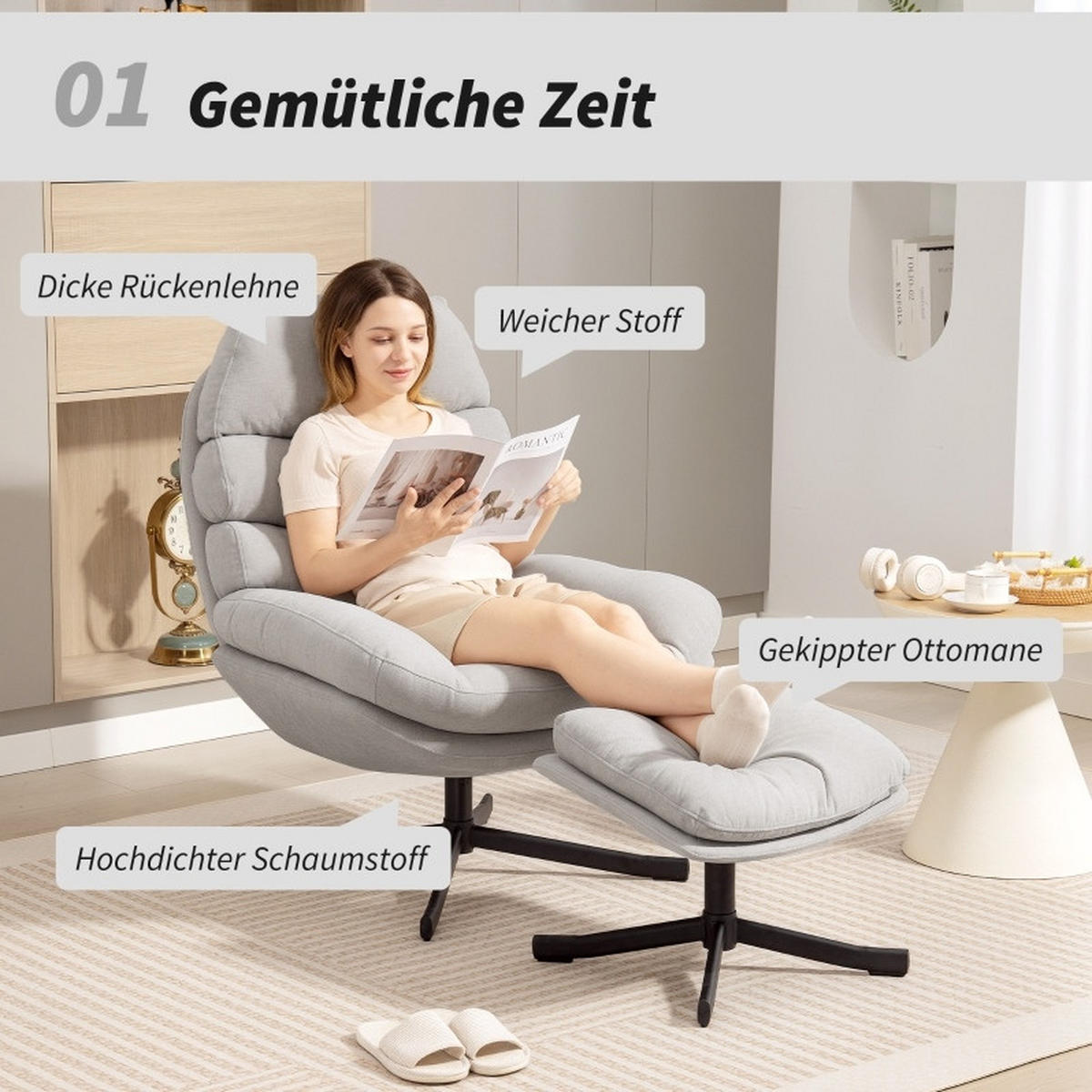 RELAXSESSEL 78/100/93 cm Cremeweiß aus Polyester mit Hocker - Creme, Textil (78/100/93cm) - OKMYHOME