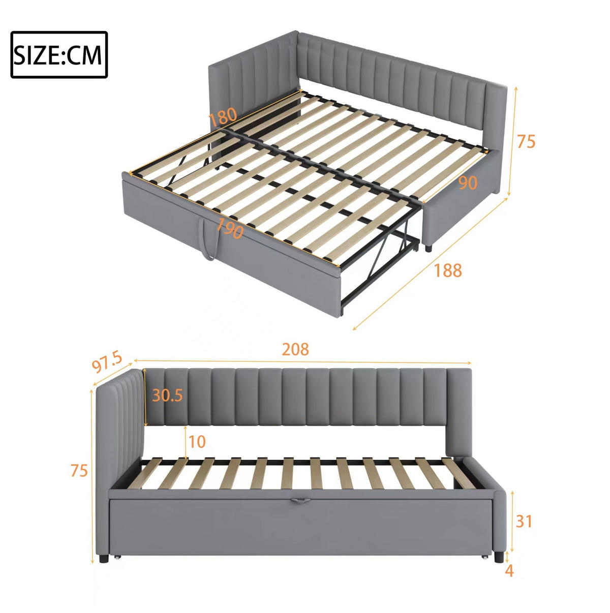 KAUČ na razvlačenje 90/200 cm sivi od baršuna s pomoćnim ležajem i L-oblikom - siva, tekstil (90/180cm) - OKWISH