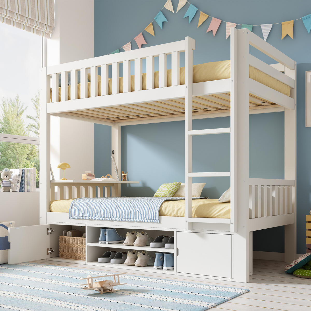 ETAGENBETT 90/200 cm mit klappbarem Tisch, Schuhregal und Stauraum, Weiß - Weiß, Holzwerkstoff (90/200cm) - Redom