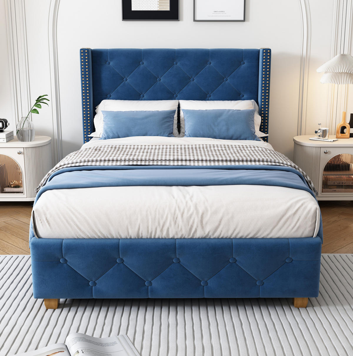 BETT mit Lattenrost 90x200 cm Samt Blau - Blau, Metall (90/200cm) - Meubliv