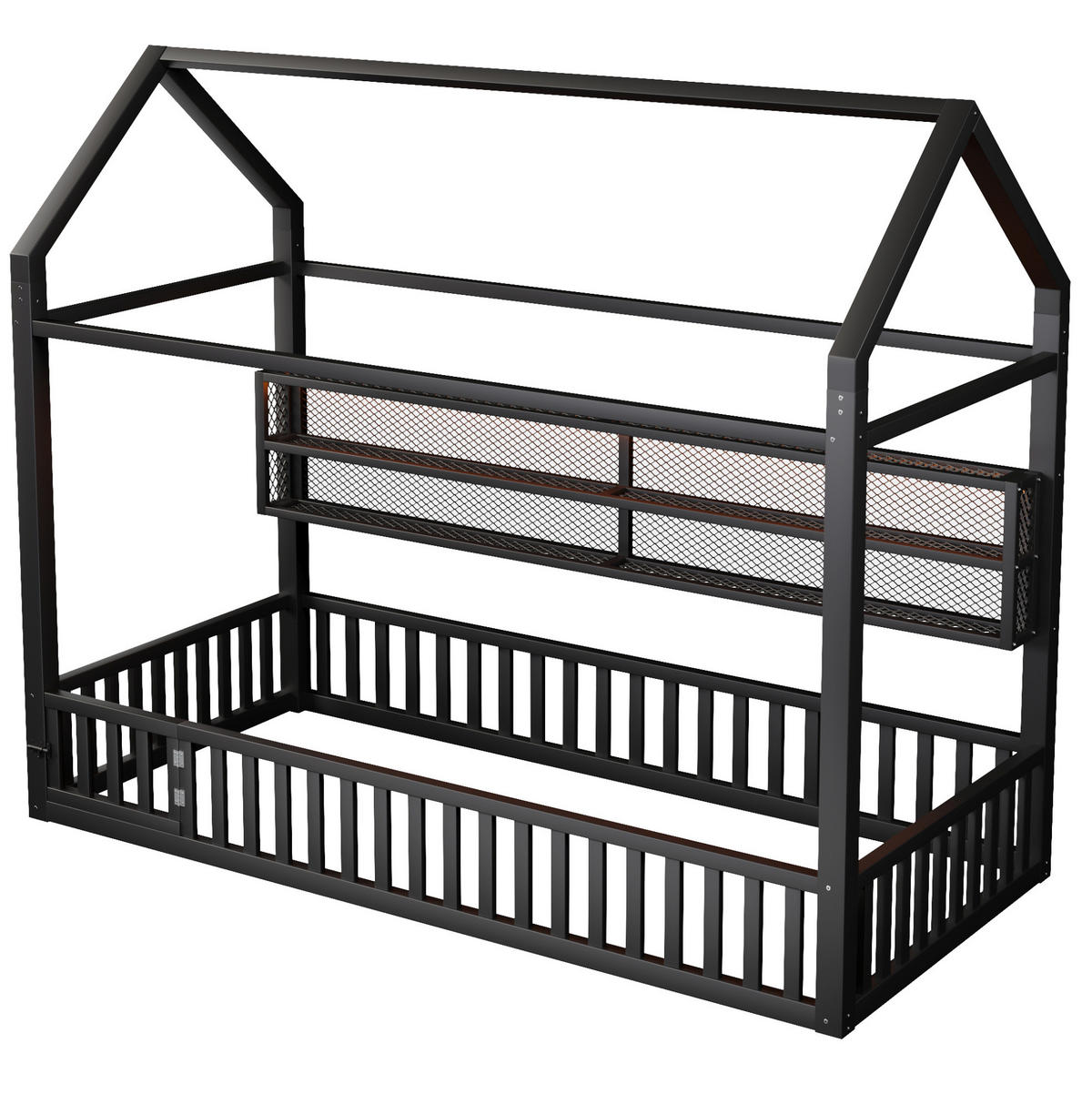 HAUSBETT aus Metall 90x200 cm Schwarz mit Sicherheitszaun, LED-Beleuchtung und Hausdesign - Schwarz, Metall (90/200cm) - Modfu