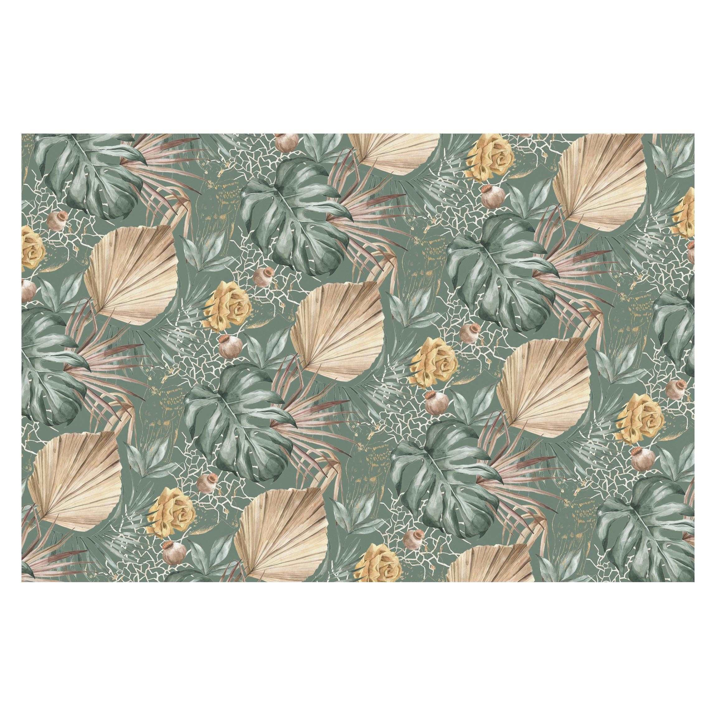 FOTOTAPETE Große Blätter mit Rosen vor Grün 432/290 cm - Grün, Papier (432/290cm) - Bilderwelten