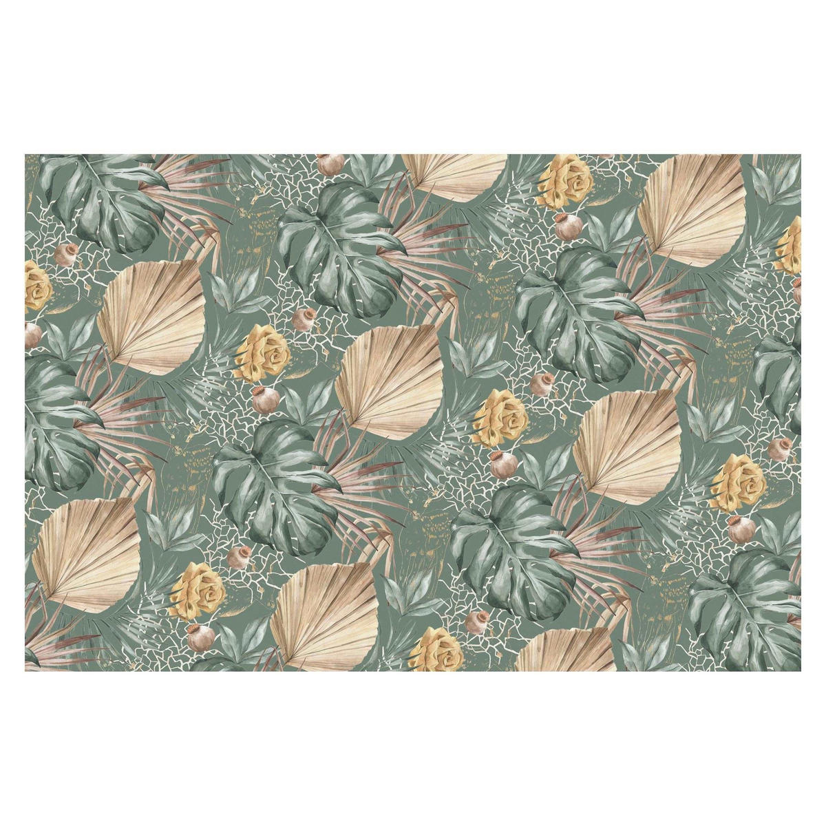 FOTOTAPETE Große Blätter mit Rosen vor Grün 432/290 cm - Grün, Papier (432/290cm) - Bilderwelten