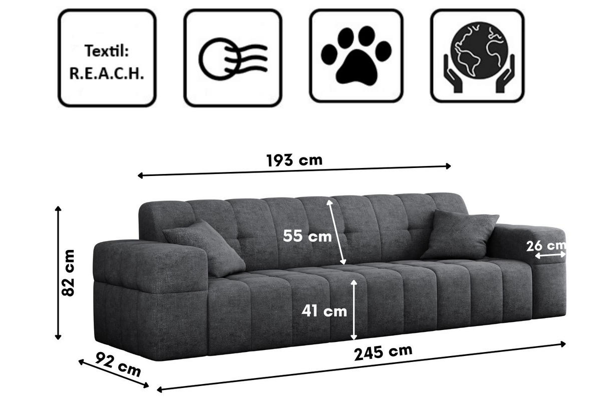 SOFA 3 Sitzer NIMES Stoff Perfect Harmony Dunkelgrau - Dunkelgrau, Holz (245/82/92cm) - Kaiser Möbel