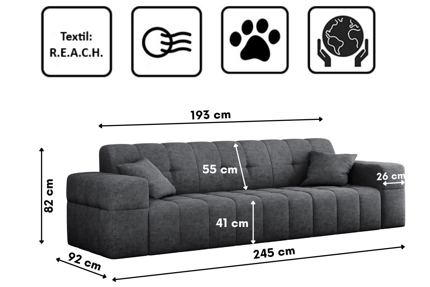 Thumbnail - Kaiser Möbel Sofa, Dunkelgrau, Holz, nicht einzeln stellbar,Rechteckig, 245x82x92 cm, Reach, Wohnzimmer, Sofas & Couches...