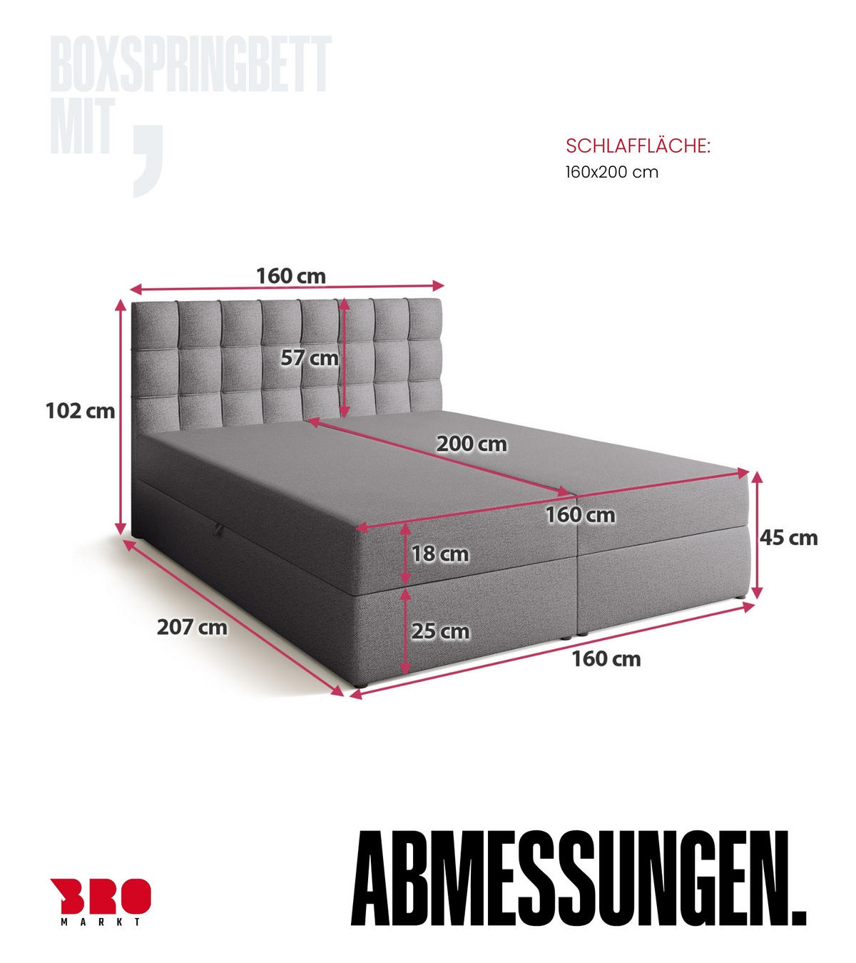 BOXBETT Detroit mit Topper 160/200 Grau - Grau, Textil (160/200cm) - Bromarkt