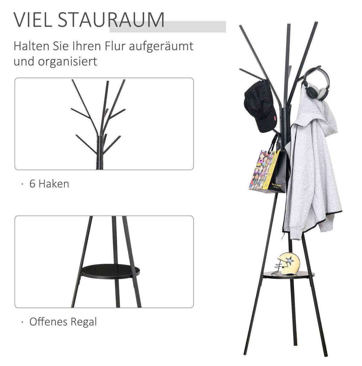 GARDEROBENSTÄNDER mit 8 Haken 45 x 45 x 180 cm Metall Holz Schwarz - Schwarz, Holzwerkstoff (45/180/45cm) - Beauniv