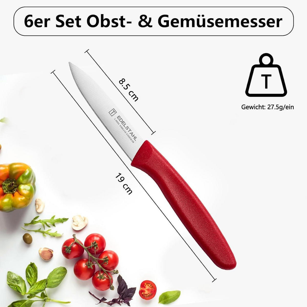 SCHÄLMESSER 6-teiliges Set PP-Griff Rot - Rot, Metall (19cm)