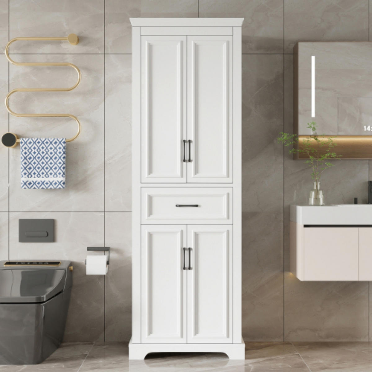 BADEZIMMERSCHRANK Hochschrank 60x40x180 cm Weiß aus MDF mit Türen, Schublade und verstellbaren Einlegeböden - Weiß, Holzwerkstoff (60/180/40cm) - Modfu