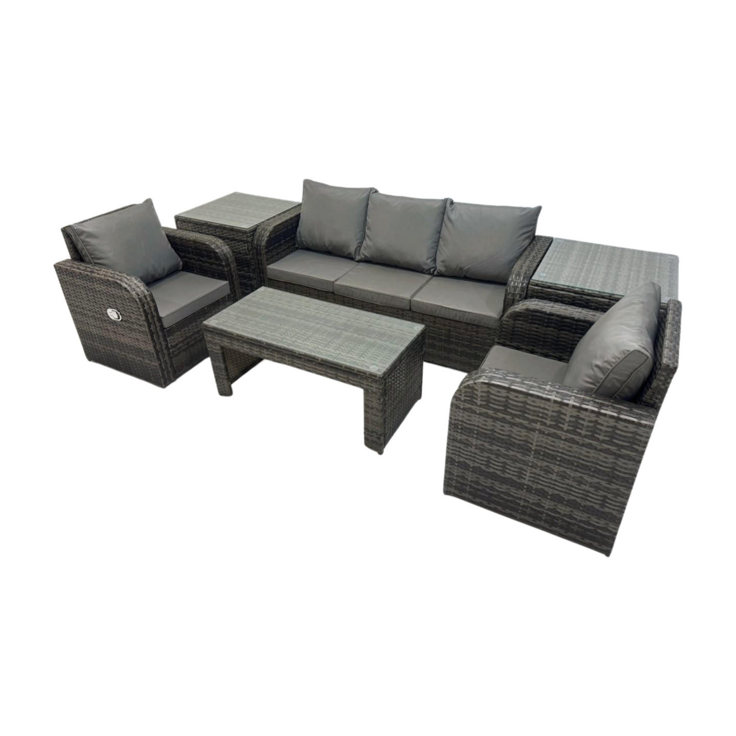 GARTENSOFA SET mit LIEGESTUHL Polyrattan 5-Sitzer Dunkelgrau - Dunkelgrau/Grau, Glas/Kunststoff - Fimous