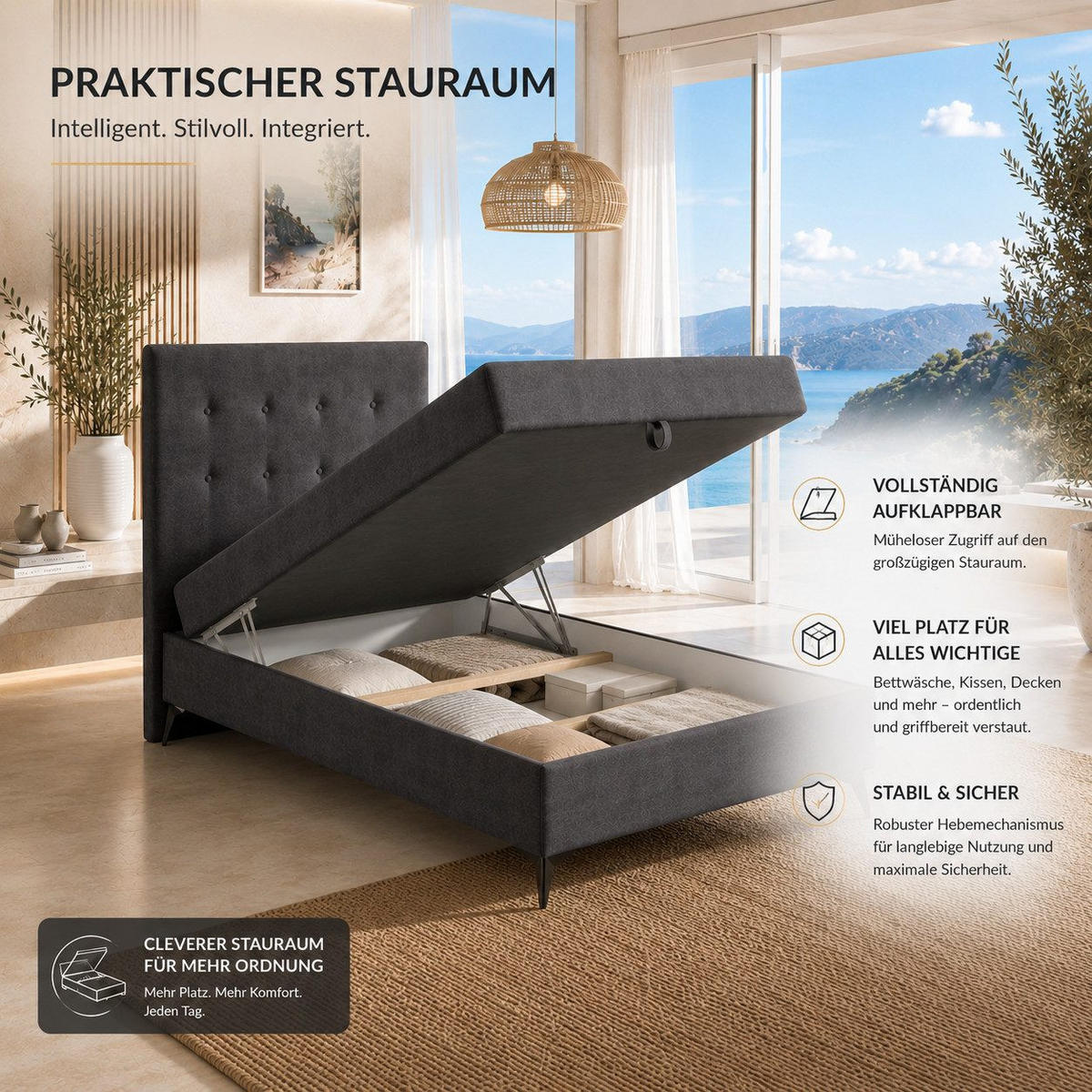 BOXBETT K15 Single SLIM mit Bettkasten & Bonell-Federkern inkl. Topper - Dunkelgrau, Holz/Textil (200/90cm) - Best For Home