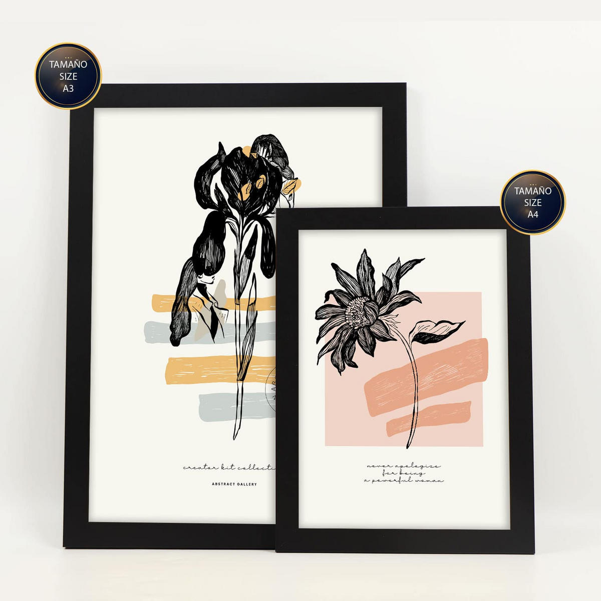 POSTER Set Mit 6 Schwarze Tintenblumen Größe A3 & A4 Schwarzer Rahmen - Schwarz, Papier (29.7/1cm) - Nacnic