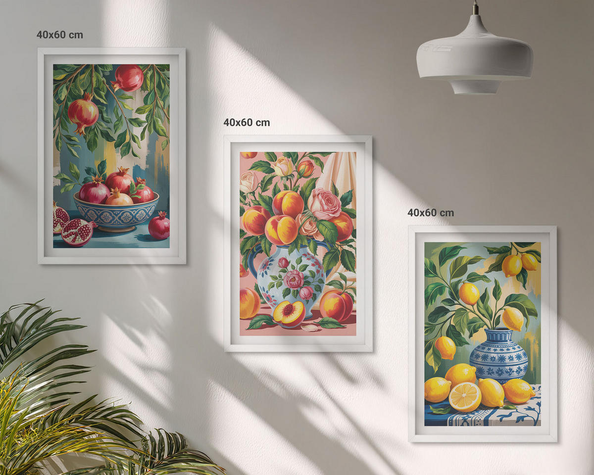 BILDER SET 3er Set - 40x60 cm Weißer Rahmen - Fruchtzusammensetzung von Granatäpfeln - Weiß, Kunststoff (40/60cm) - TULUP