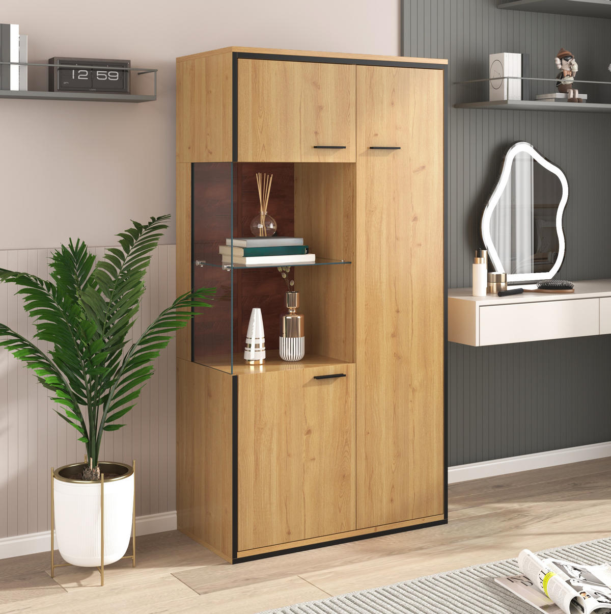 VITRINE aus MDF 40x77,5x150 cm Naturfarben mit LED-Beleuchtung, Glastür und 3 verstellbaren Einlegeböden - Naturfarben, Holzwerkstoff (77.5/150/40cm) - Modfu