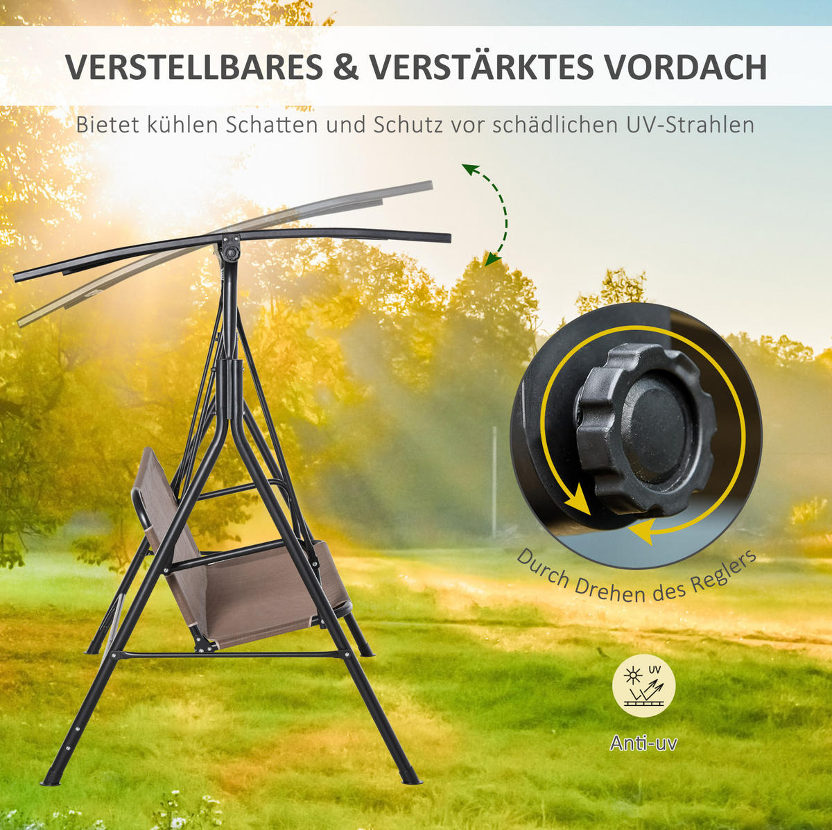 HOLLYWOODSCHAUKEL aus Metall 172x110x155 cm in Braun mit verstellbarem Baldachin - Braun, Metall (172/155/110cm) - Modfu