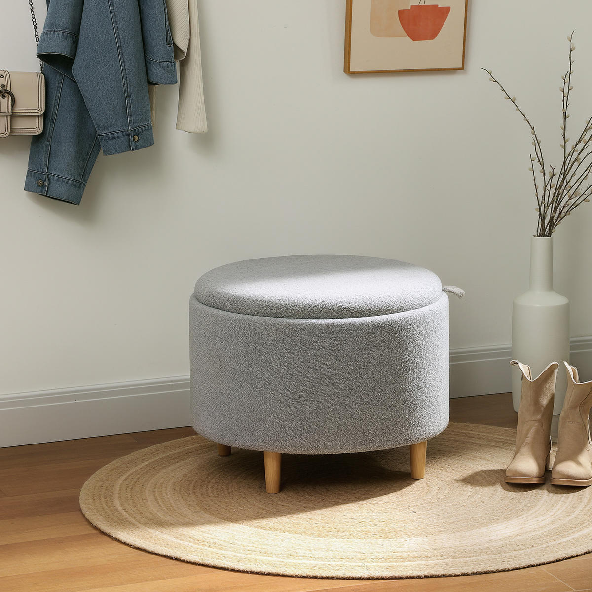 SITZHOCKER Ottomane mit Stauraum Runder Polsterhocker mit Klappdeckel, Grau - Naturfarben/Grau, Eichenholz/Kunststoff (56/42/56cm) - HOMCOM