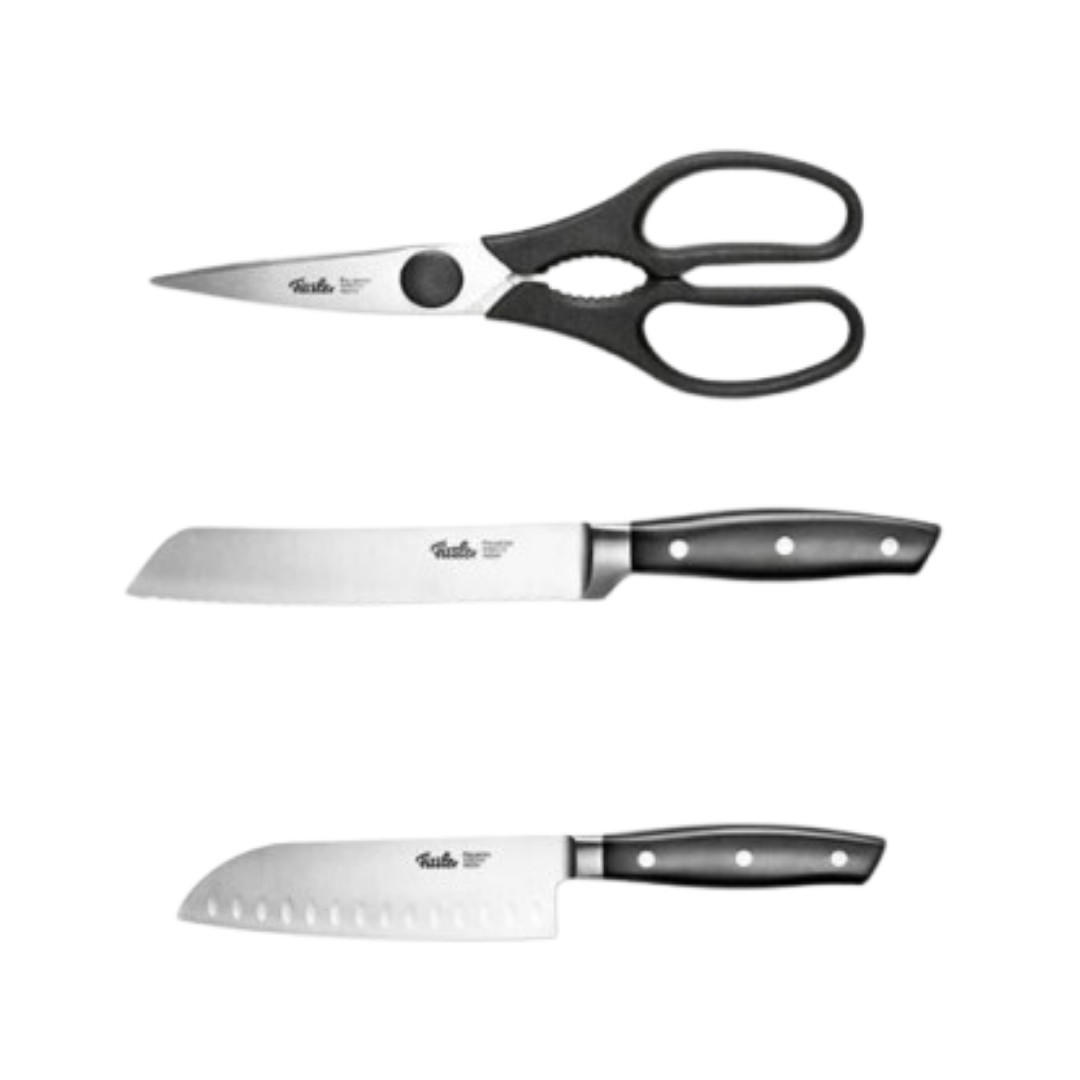 KÜCHENMESSER SET 3-tlg Schwarz Silber, Brotmesser 180 mm, Santokumesser 165 mm, Küchenschere, Edelstahl, Schneidemesser, Küchenzubehör, Profi Messer - Silberfarben/Schwarz, Kunststoff/Metall - Fissler