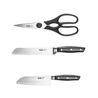 KÜCHENMESSER SET 3-tlg Schwarz Silber, Brotmesser 180 mm, Santokumesser 165 mm, Küchenschere, Edelstahl, Schneidemesser, Küchenzubehör, Profi Messer - Silberfarben/Schwarz, Kunststoff/Metall - Fissler