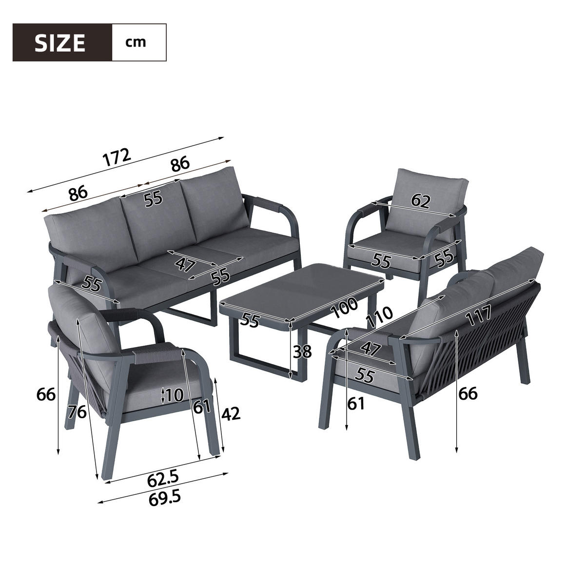 GARTENLOUNGE-SET 7 Personen 3-Sitzer 2-Sitzer Sessel Grau - Grau, Textil - FLIEKS