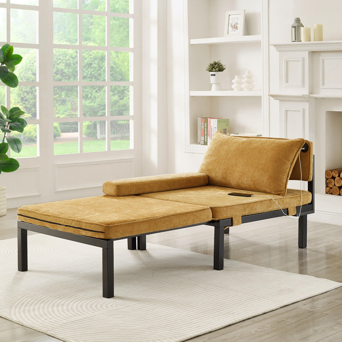 SCHLAFSESSEL ausziehbar mit USB Type-C Samt Gelb - Gelb, Holz (82/79/176cm) - Meubliv