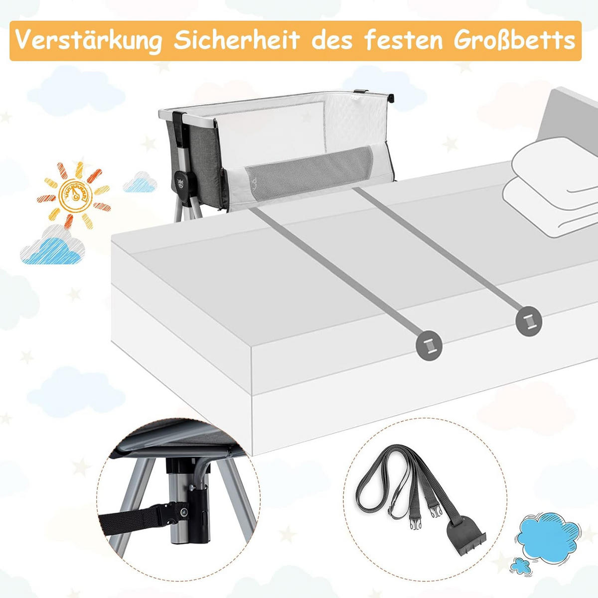 BABYBETT 2 in 1 Beistellbett+Reisebett klappbar Grau - Grau, Metall - COSTWAY