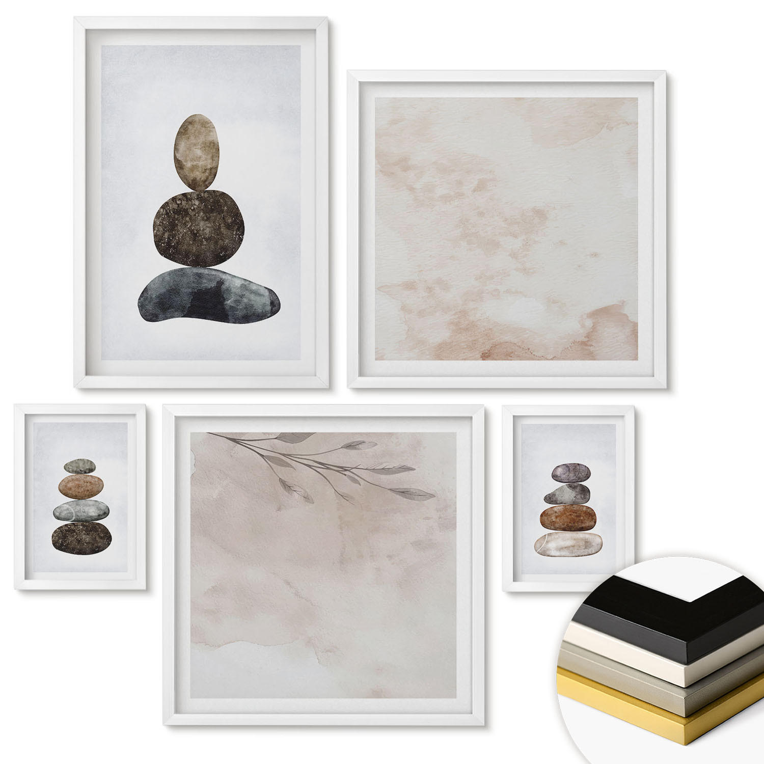WANDBILDER 5er-Set - 50x50 cm & 20x30 cm & 40x60 cm Weißer Rahmen - Steinstapel-Boho-Malerei - Weiß, Kunststoff (40/60cm) - ArtPrintCave
