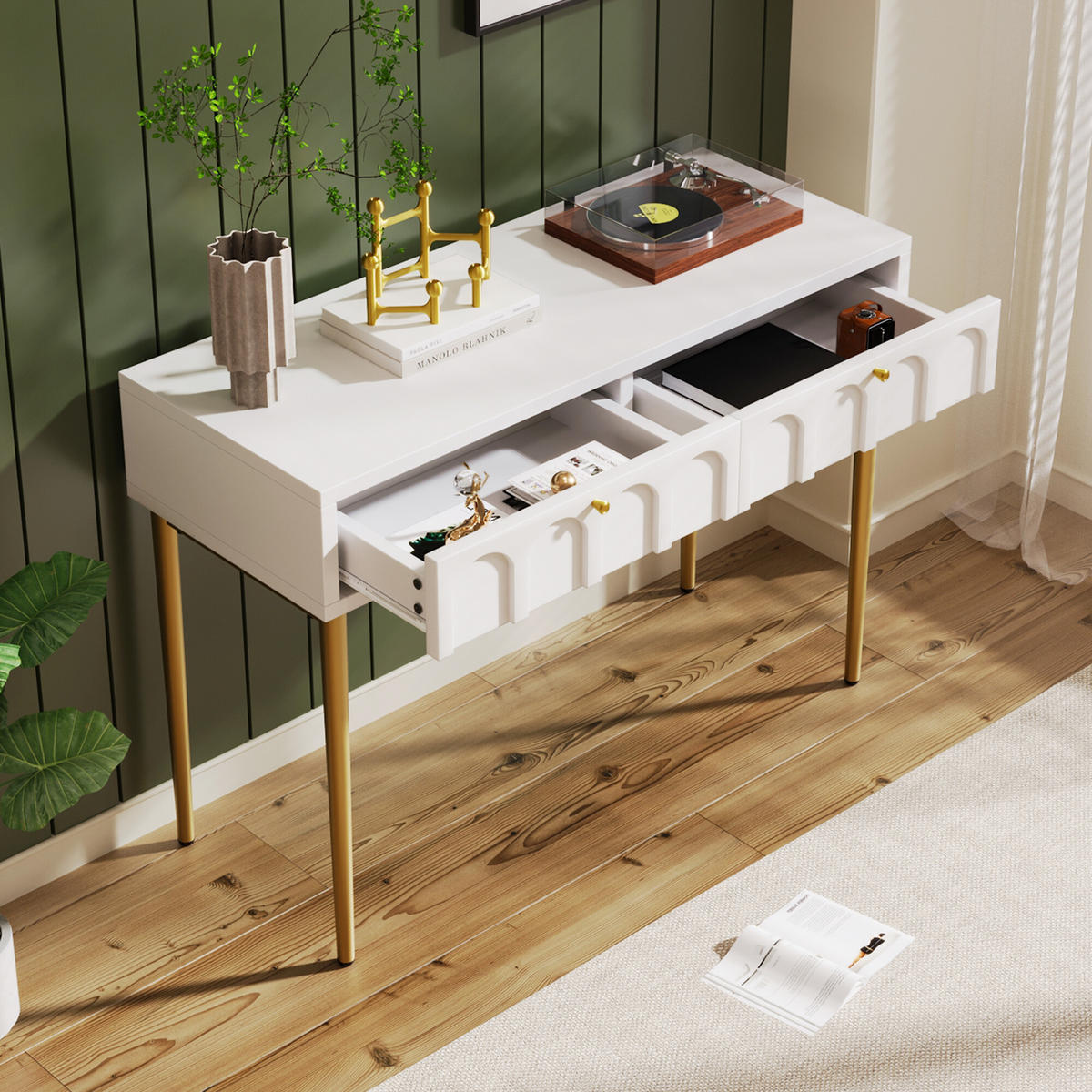 SCHMINKTISCH Cremeweiß und Golden 100/76,5/45 cm - Beige, Holzwerkstoff/Metall (100/76.5/45cm) - Urban Meuble