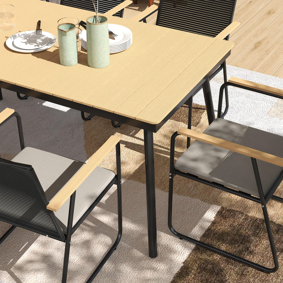 SITZGRUPPE 7-teilig Metall Essgruppe für 6 Personen Esstisch mit Tisch 6 Stühlen - Naturfarben, Metall - Outsunny