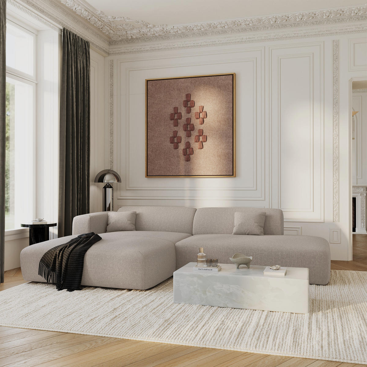 ECKSOFA LINKS Rastergewebe Beige 310cm - Beige, Textil (300/96cm) - Sia Home