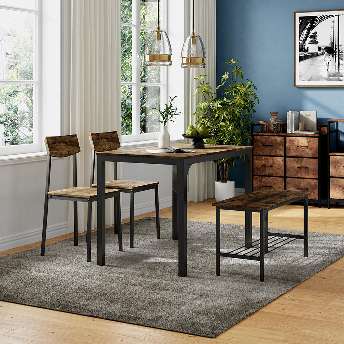 ESSTISCH-SET Fyrk Schwarz/Eiche rustikal 110 x 70 cm 4 Teile - Wildeiche/Schwarz, Holzwerkstoff (110/75/70cm) - Vicco