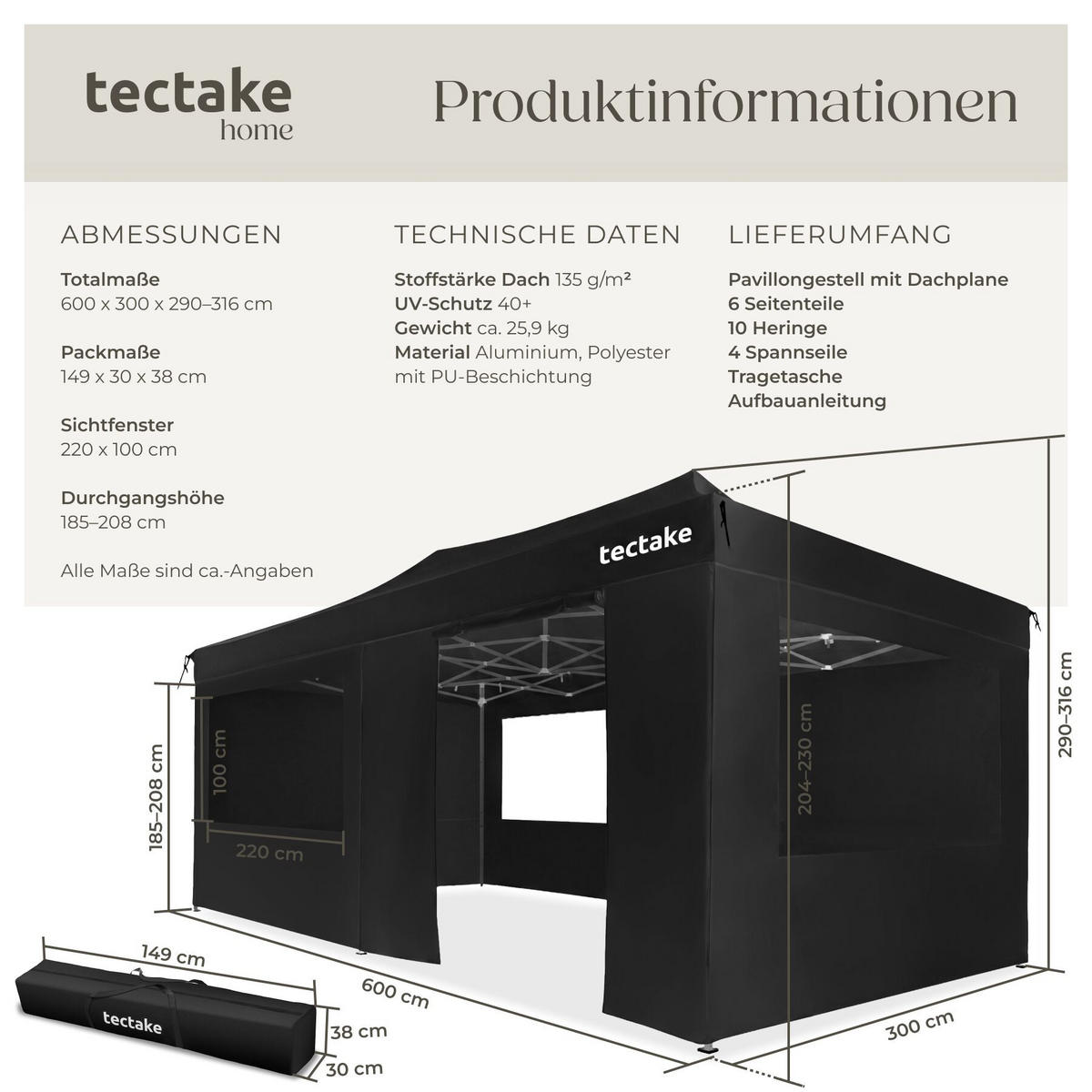 FALTPAVILLON aus Aluminium Viola, inklusive Spannseilen, Heringen und Tragetasche, schwarz - Schwarz, Kunststoff (300/316/600cm) - tectake
